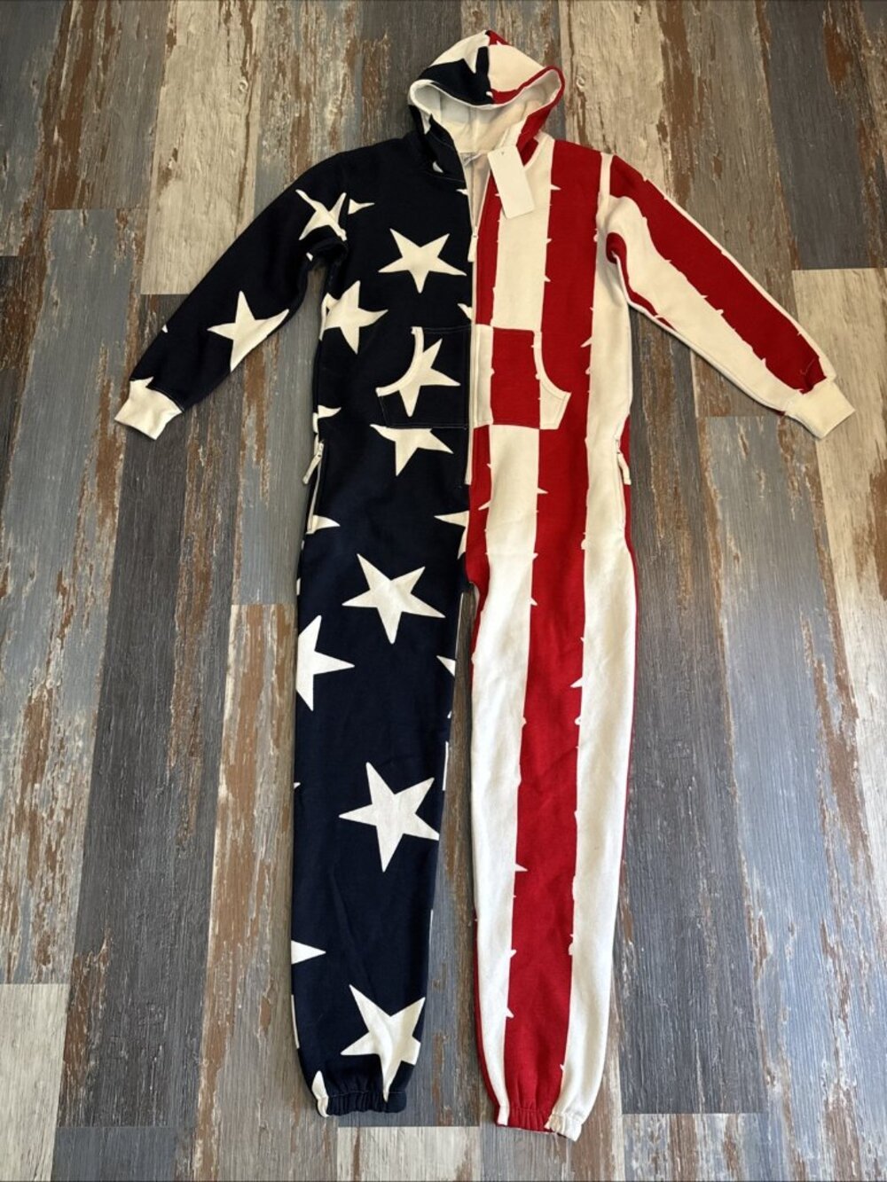 American Flag Hooded 1 Piece Jumpsuit Mens Small Patriotic USA Fleece Sweat NEW